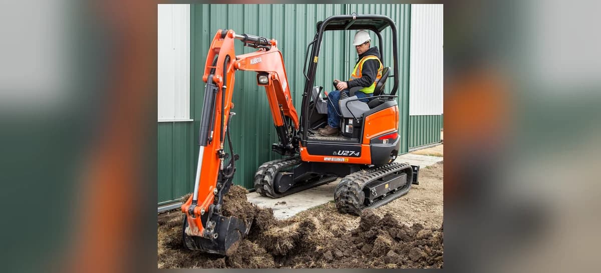 Kubota U27-4 2.5 tonne canopy excavator, open ROPS canopy rather than an enclosed cab, available for hire in North Canterbury, New Zealand